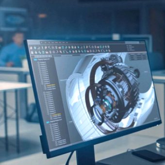 Engineering design model displayed on a workstation monitor